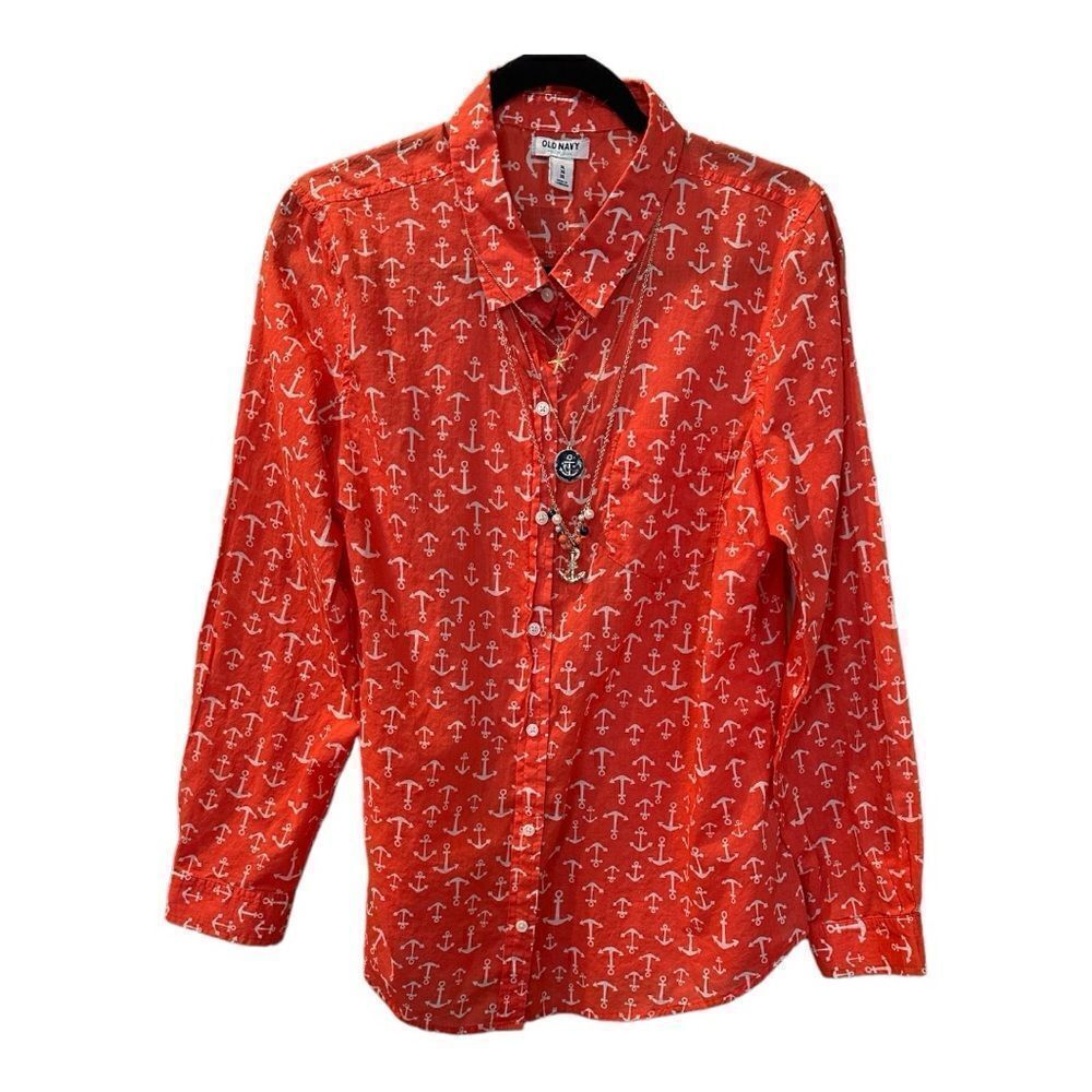 Old Navy Button-Up Red Anchor Print Collared Long Sleeves necklace included